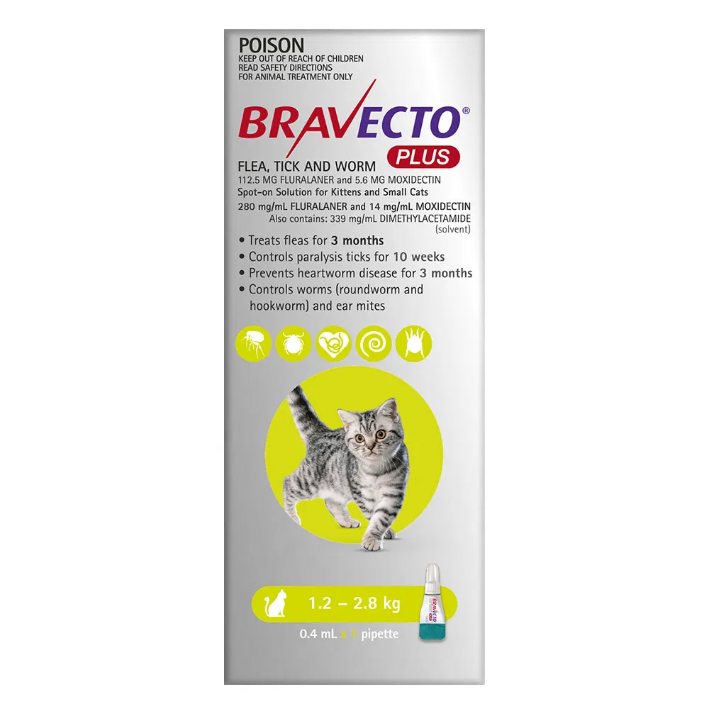 Bravecto Plus for Small Cats 2.6-6.2 lbs (1.2-2.8 kg) (Yellow)