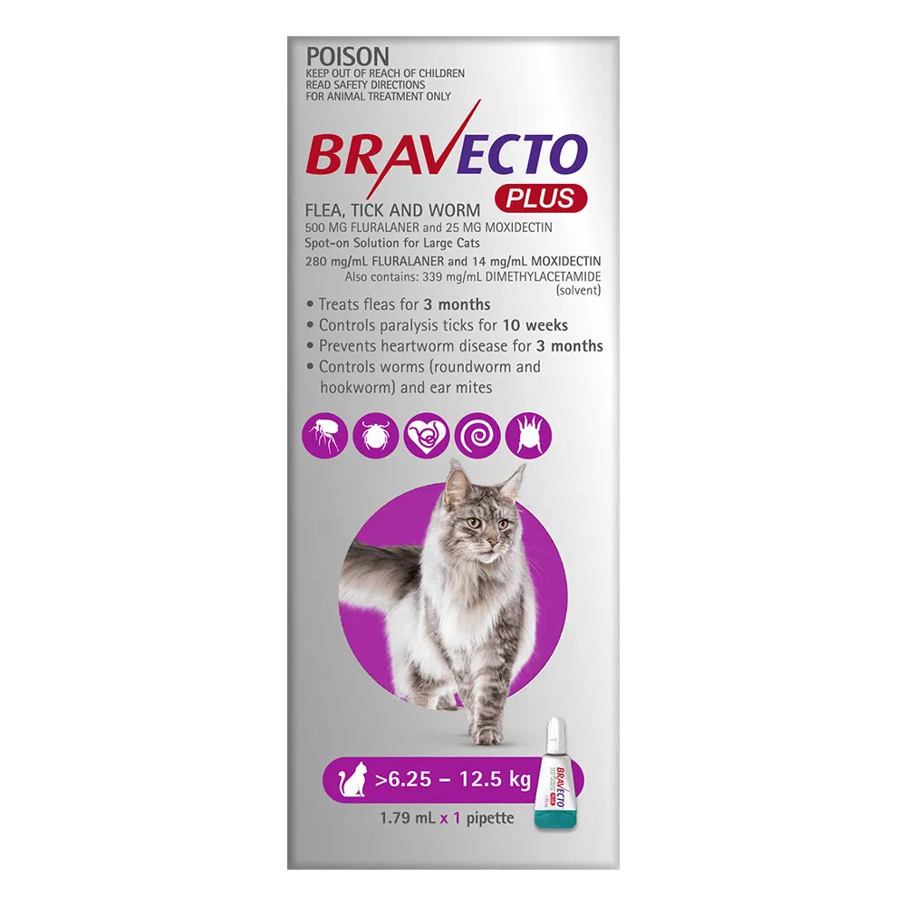 Bravecto Plus for Large Cats 13.8-27.5 lbs (6.25-12.5 kg) (Purple)