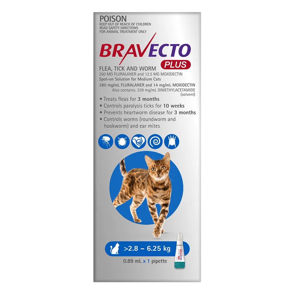 Bravecto Plus for Medium Cats 6.2-13.8 lbs (2.8-6.25 kg) (Blue)